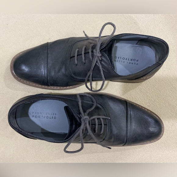Charcoal Perry Ellis Portfolio Derby Brogue Cap-toe almost-black Dress Shoes GUC - Picture 11 of 16